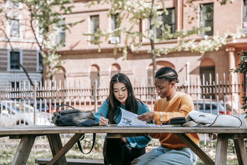 Diverse young women studying data on paper while preparing for exam at table on street