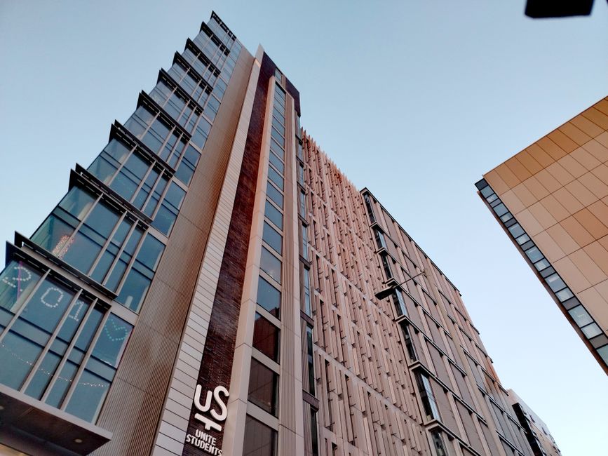 Contemporary student housing buildings in Liverpool city, showcasing modern architecture.